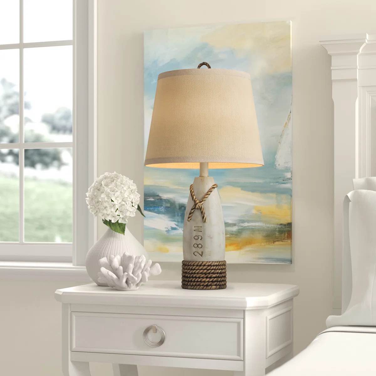 Condition photo showing New/Like New for 26 in. distressed white nautical buoy table lamp 