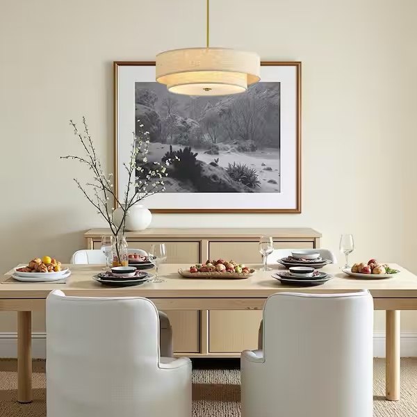 4-Light Polished Brass Beige Fabric Drum Pendant Design Chandelier for Dinning Room Foyer with No Bulbs Included