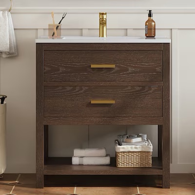DELUXE LIVING Castle 30-in Walnut Single Sink Bathroom Vanity with White Acrylic Top