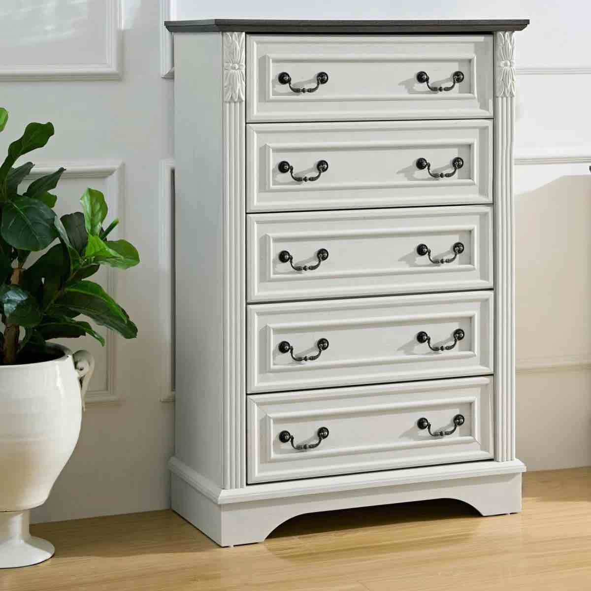 Farmhouse 5-Drawer Dresser With Carved Pilasters - Rustic Wood Chest Of Drawers For Bedroom Storage