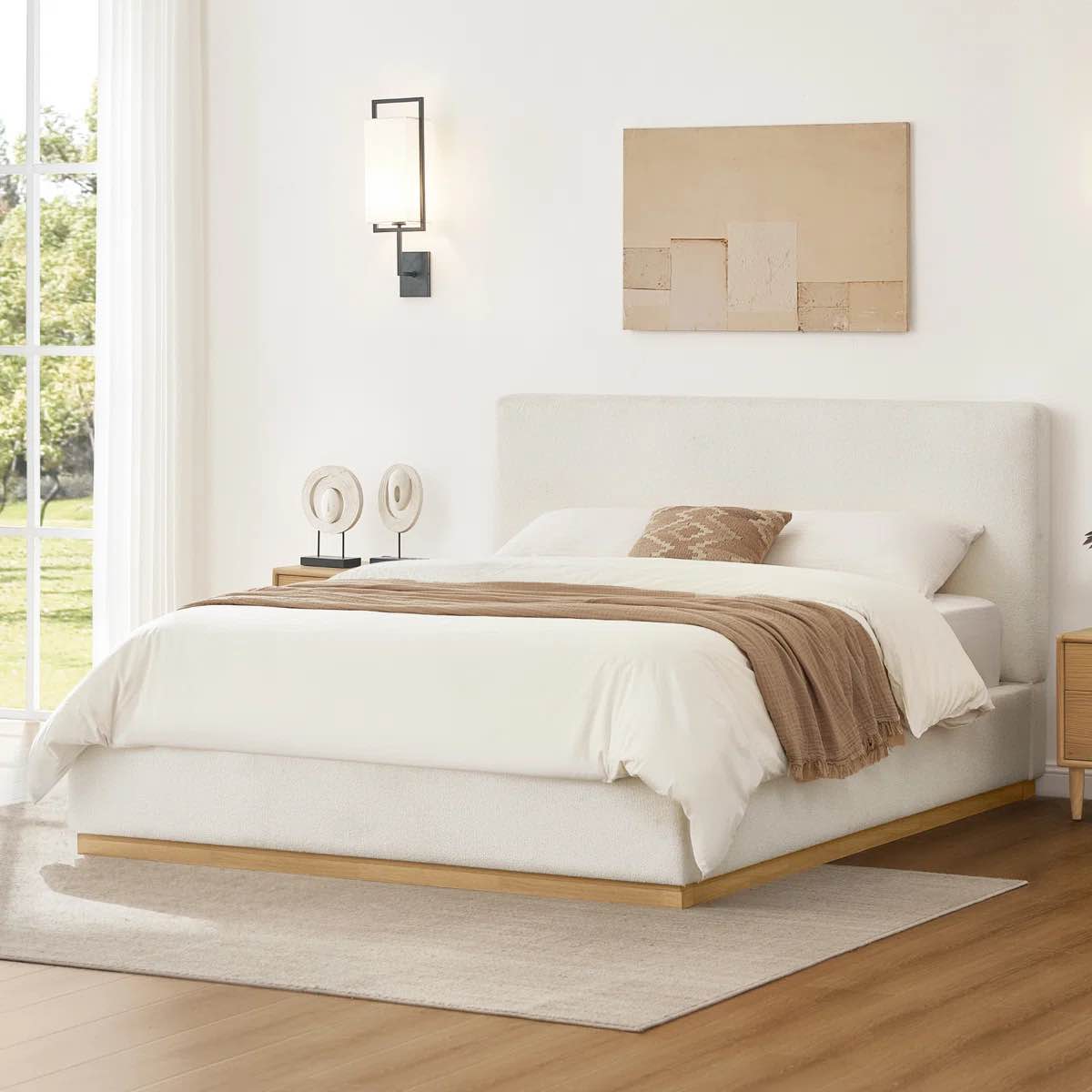 Miller Modern Cream White Upholstered Boucle Wood Frame King Size Platform Bed Headboard