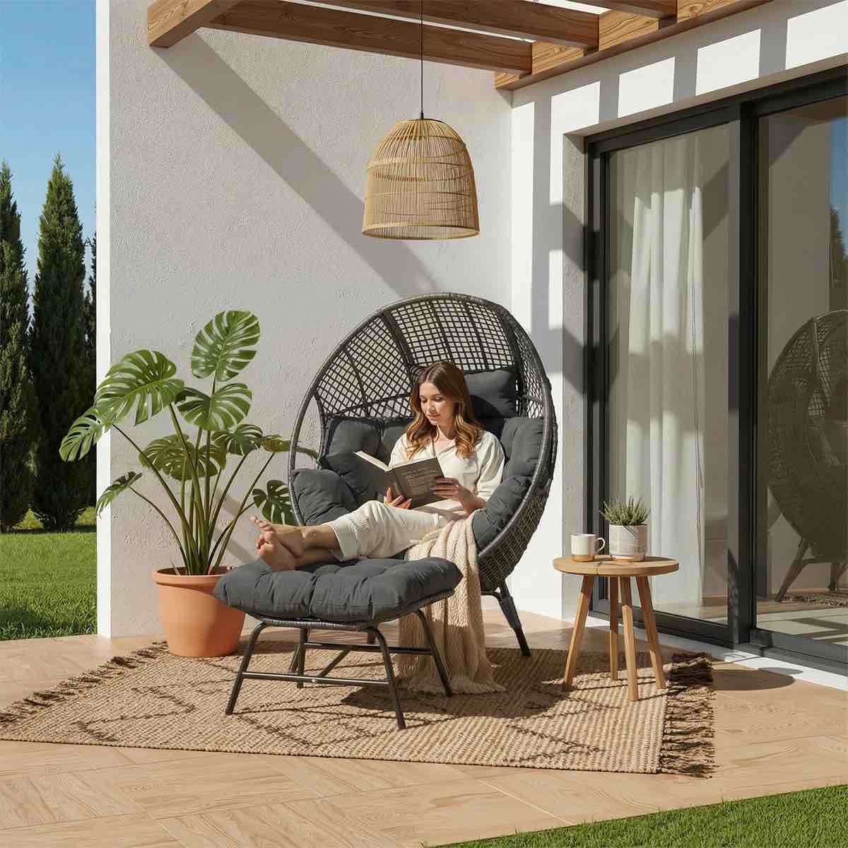 Benone Indoor/Outdoor Wicker Egg Chair Set with Ottoman and Cushions
