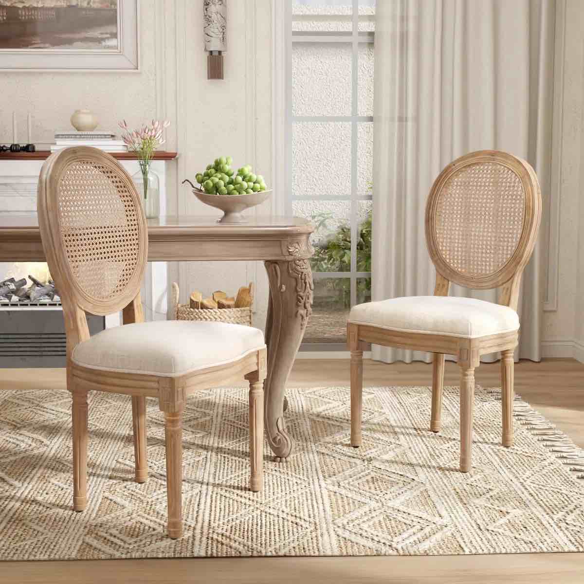 French Style Rattan Back Solid Wood Upholstered Dining Chairs(Set of 2)