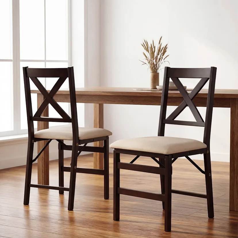 Padded Stackable Folding Dining Chairs with Solid Wood Frame (Set of 2)