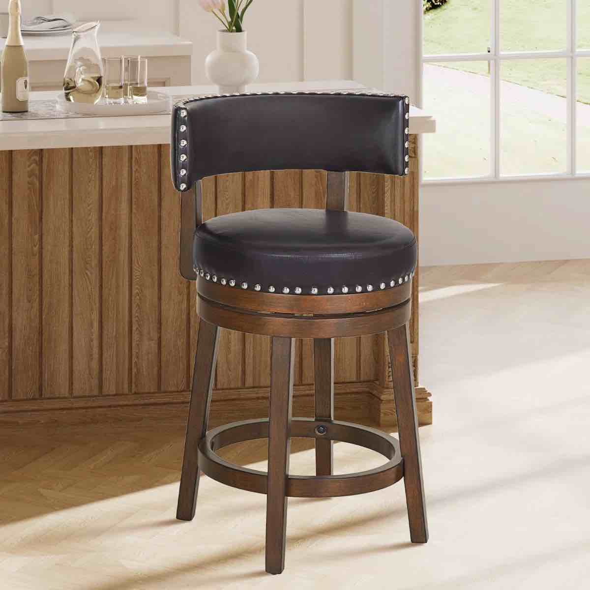 360° Swivel 24" Counter Stool with Nailhead Trim, Upholstered Solid Wood Bar Chair for Kitchen Island