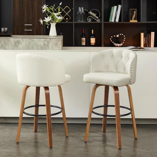 Swivel Bar Stool With Curved Wood Legs, Upholstered Tufted Back, And Nailhead Trim (Set of 2)