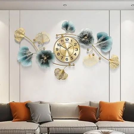 wall clocks for living room decor,large wall clock,3d creative metal ginkgo leaf design,with silent movement wall clocks for home wall decor clock 33"x18"