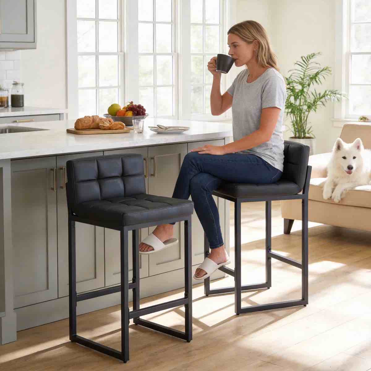 upholstered low back bar & counter stool with thickened metal frame for kitchen island