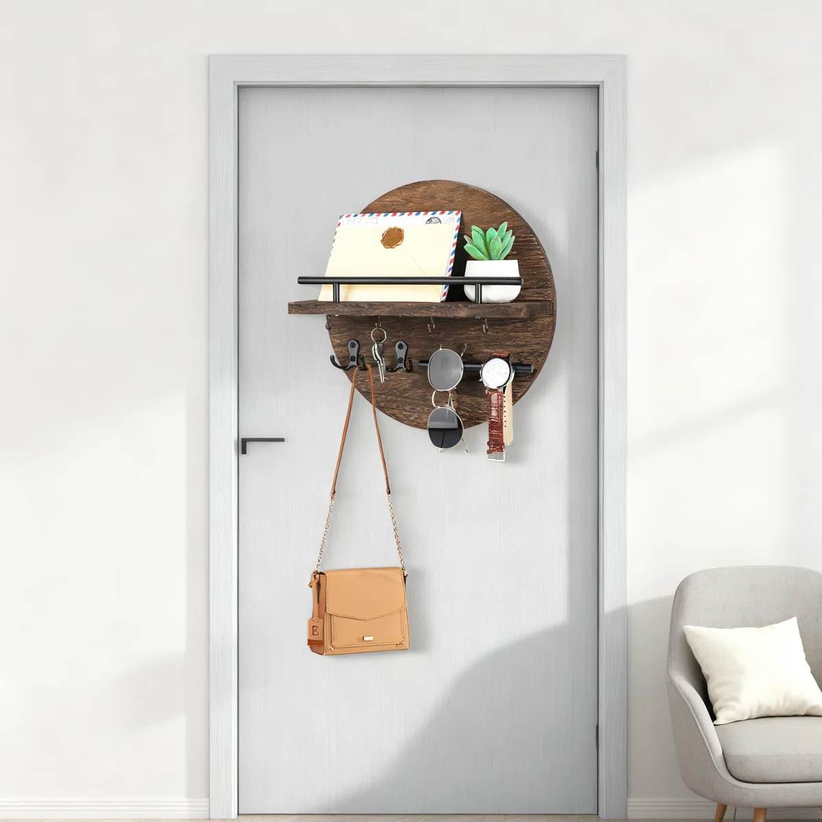 wall key holder with mail shelf and hooks, circular entryway organizer with floating shelf and metal hooks for keys, mail, and entryway storage