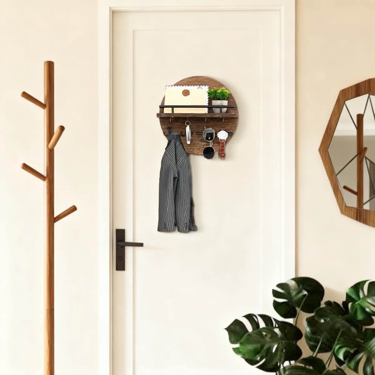 Condition photo showing New/Like New for wall key holder with mail shelf and hooks, circular entryway organizer with floating shelf and metal hooks for keys, mail, and entryway storage