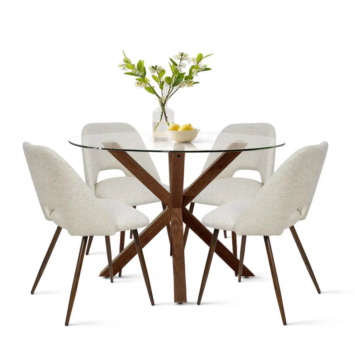 Condition photo showing New/Like New for kinnith round 4-person glass top pedestal dining table