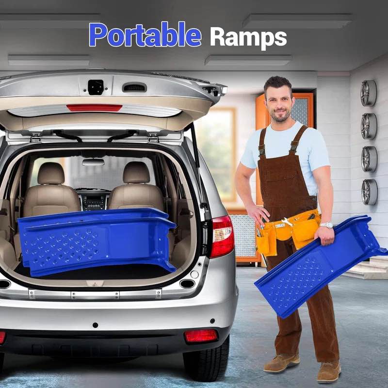 Condition photo showing New/Like New for heavy-duty 2-ton steel car ramps, 8" low-profile, non-slip metal ramp pair, 2000 lb capacity each, quick, safe lift for home garage & shop oil changes