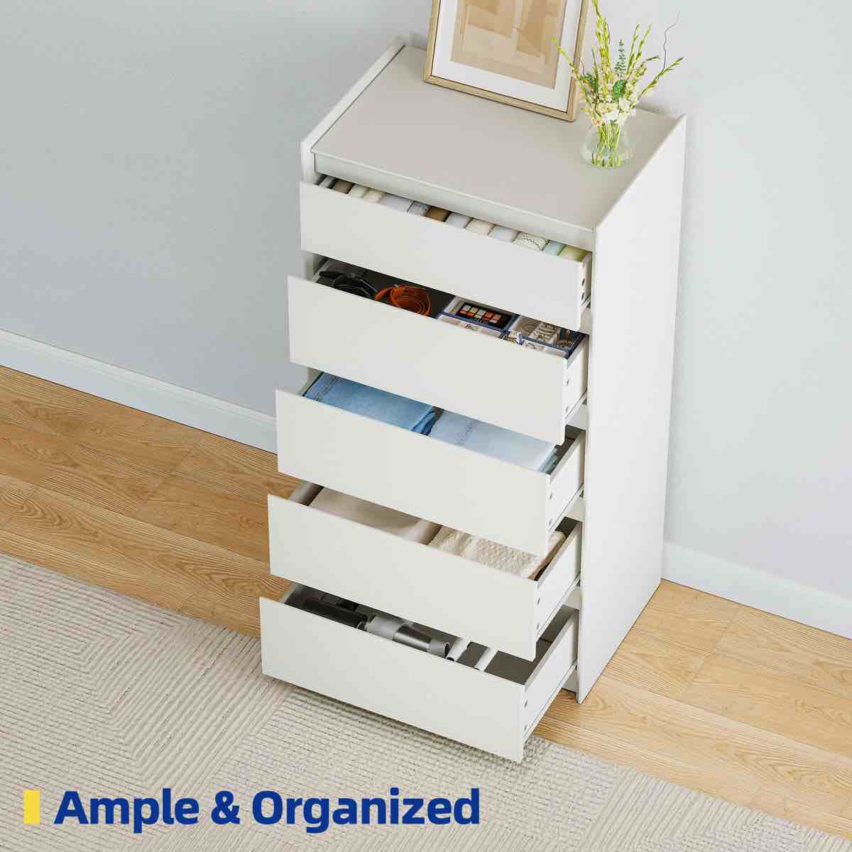 Condition photo showing New/Like New for modern 5-drawer dresser with hidden pulls, white finish, space-saving design