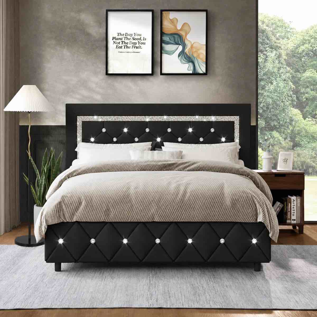 Condition photo showing New/Like New for alber faux leather diamond tufted platform bed - headboard included- full