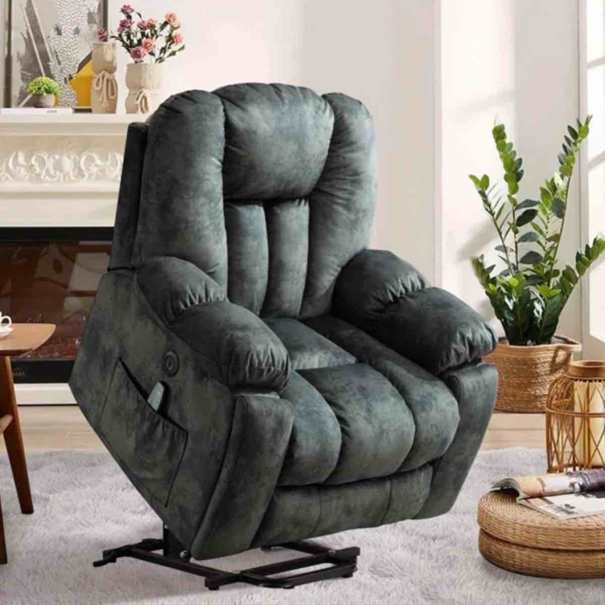 Condition photo showing New/Like New for microfiber/microsuede and wood frame power lift recliner with heated massage