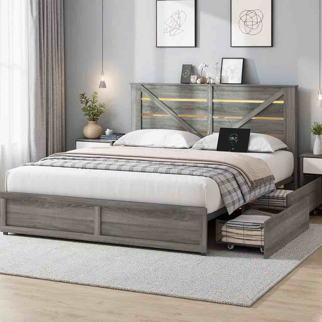 Condition photo showing New/Like New for storage platform bed frame with headboard, 4 under-bed drawers & led lighting, rustic barn door design with anti-slip metal slats, noise-free grey bed frame, no box spring needed- queen