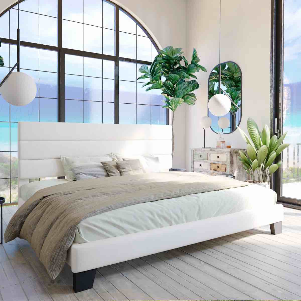 Condition photo showing New/Like New for elison platform bed with fabric upholstered headboard and wooden slats- king