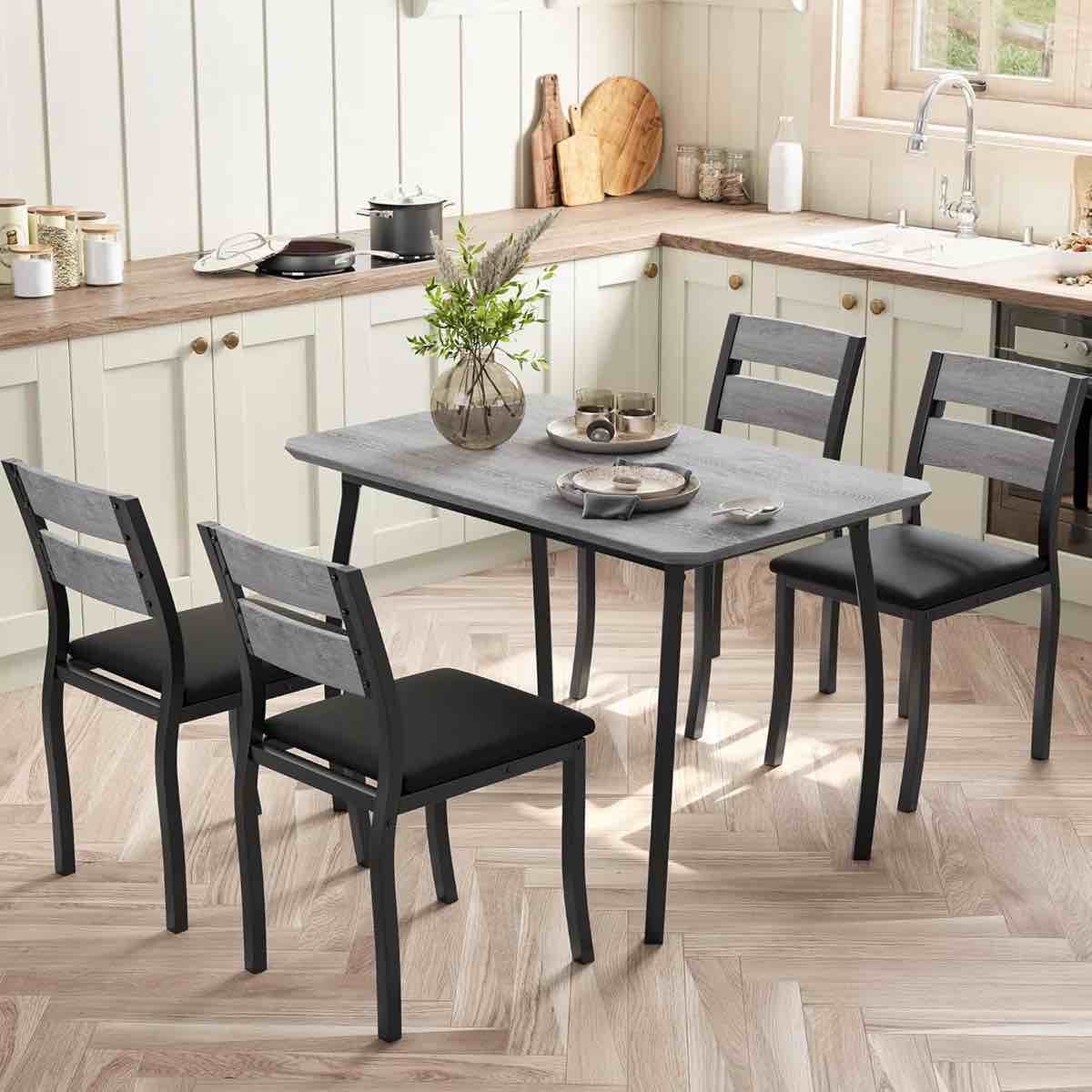 Condition photo showing Good Condition for 5-piece dining set, dining table set for 4, table & chair set for home, apartment w/ 4 chairs, padded seats & backrests, metal frame, space-saving design, smooth easy-to-clean surface (set of 5)