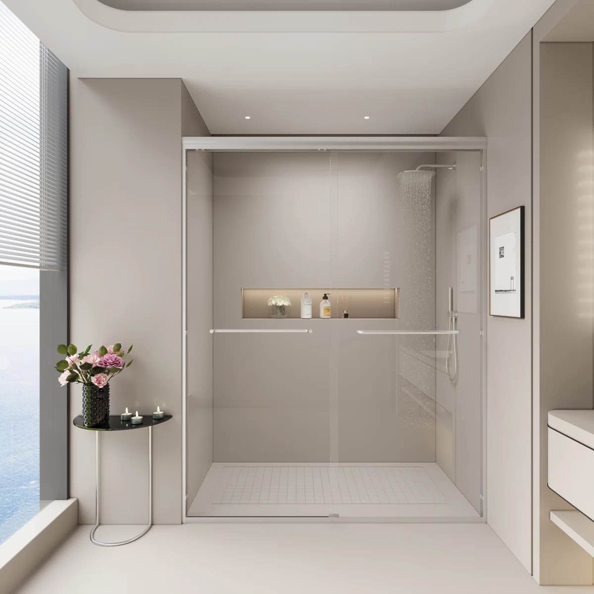 Condition photo showing New/Like New for double sliding shower door semi-frameless bypass sliding door with sgcc tempered glass explosion-proof film, 2 towel bars for walk-in bathroom, chrome 24d03-48mbx