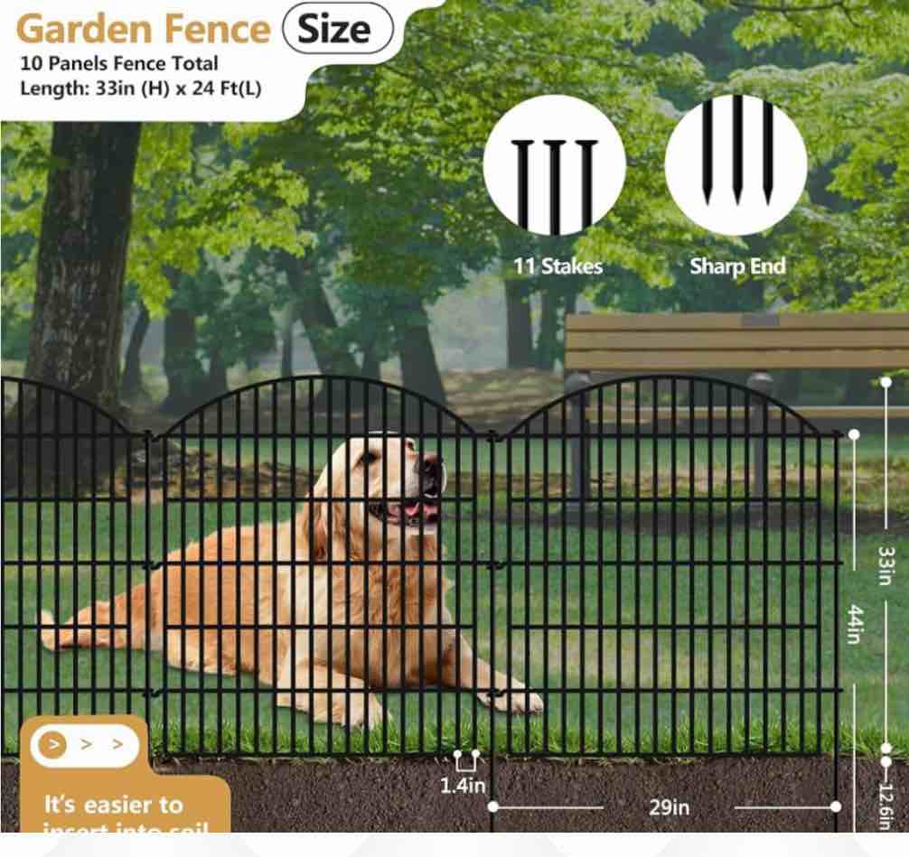 Condition photo showing New/Like New for 10 panels garden fence animal barrier, 33 in(h) x 24 ft(l) dog fence outdoor for yard rustproof no dig fencing decorative metal wire panel border for rabbits, flower bed patio temporary ground stakes
