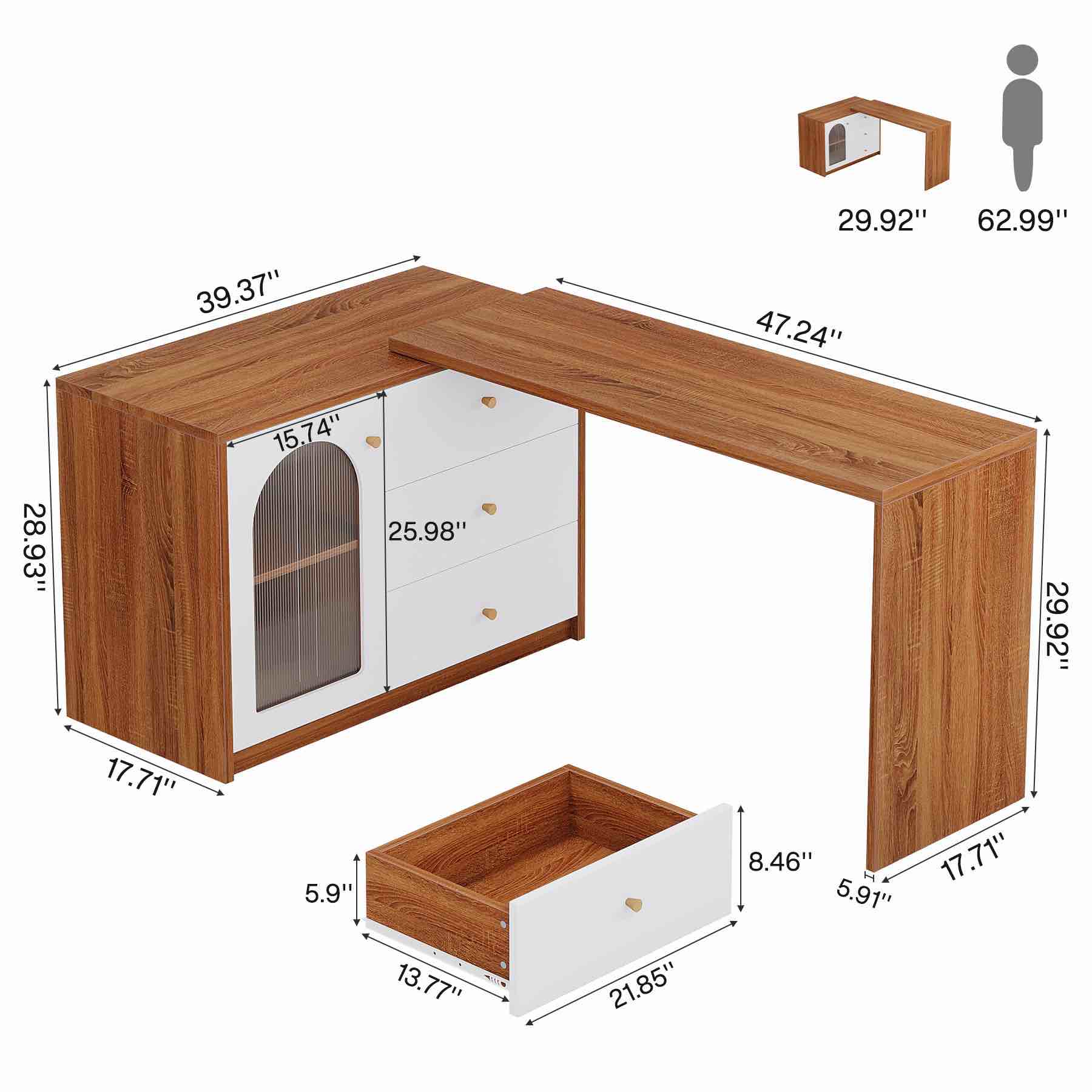 Condition photo showing New/Like New for l-shaped computer desk, corner office desk with reversible storage cabinet