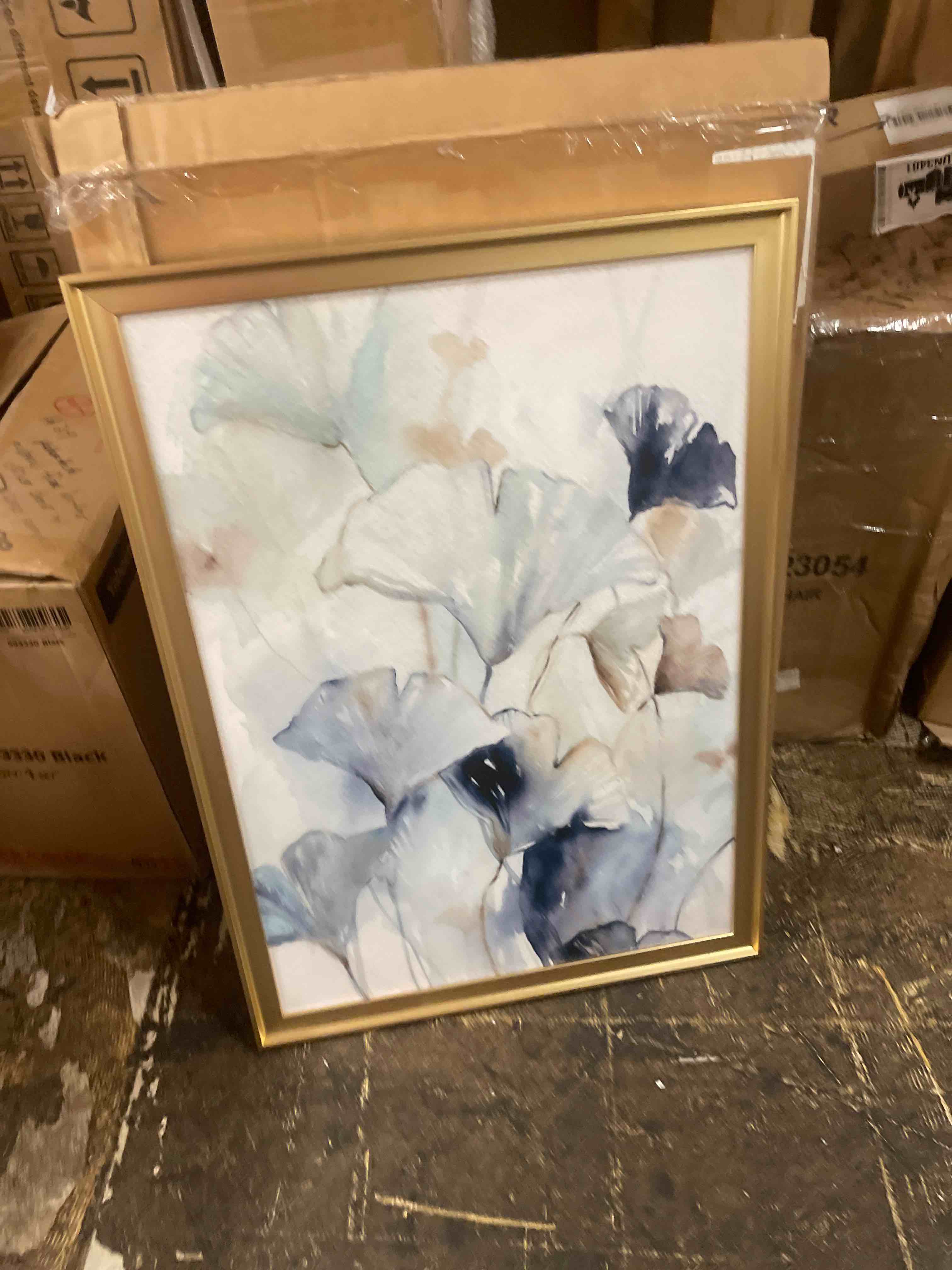 Condition photo showing New/Like New for indigo ginkgo i wall art - vertical floating framed canvas - living room wall decor - watercolor ginkgo leaves framed canvas art - beige and blue decor by carol robinson - 25" x 37"