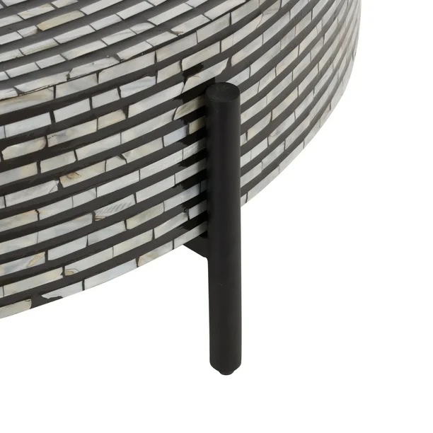 Condition photo showing New/Like New for decmode 38" x 12" gray mother of pearl shell handmade mosaic inlay geometric coffee table with black metal legs, 1-piece