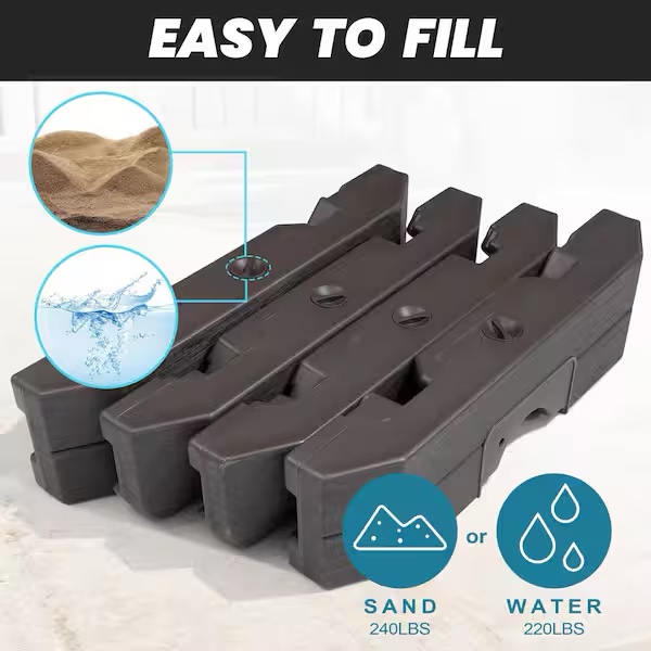 Condition photo showing New/Like New for 350 lb. fillable patio weighted umbrella base in brown 4-part outdoor cantilever umbrella stand water and sand filled