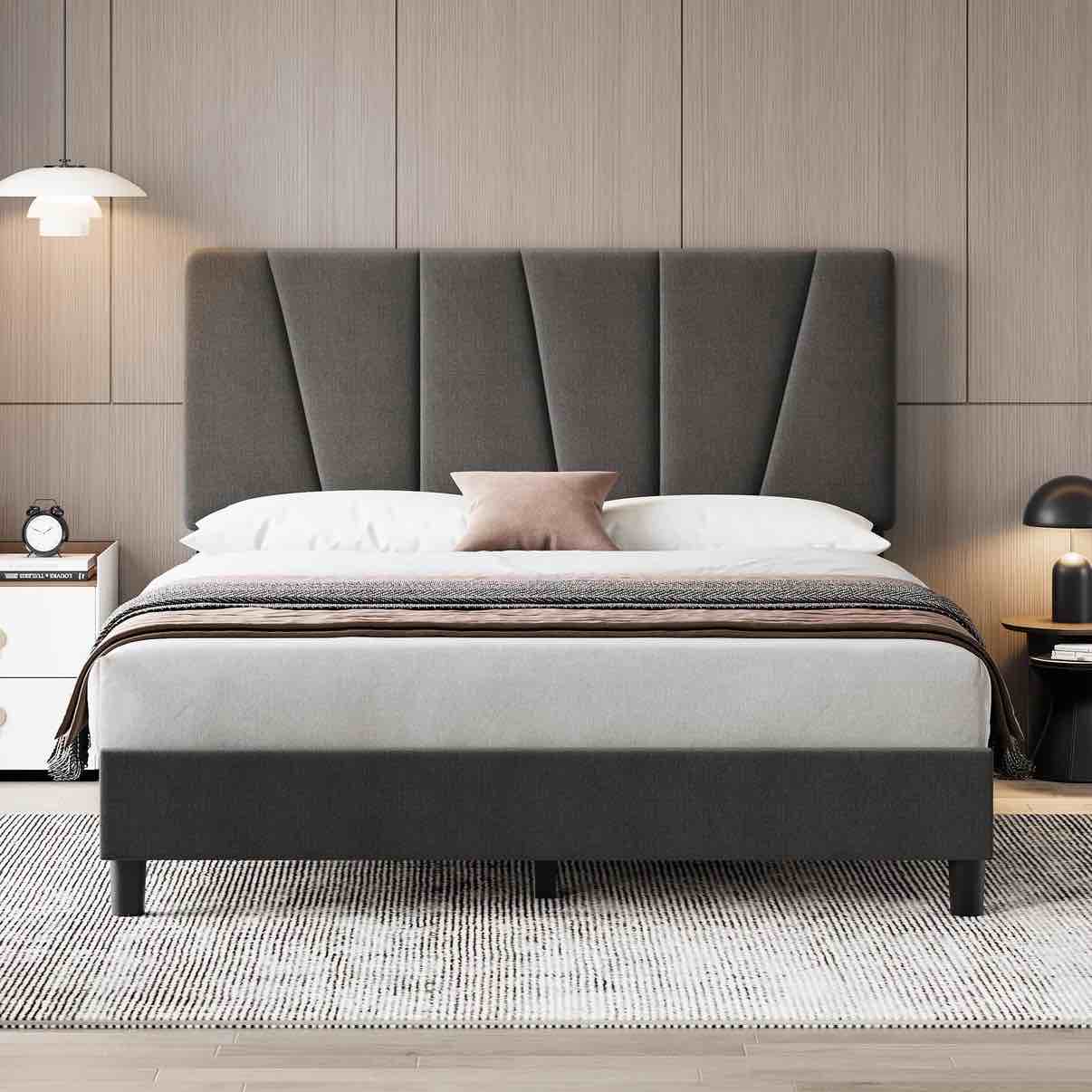 garvee full size bed frame with adjustable headboard, linen upholstered, strong wooden slats, no box spring needed, easy assembly, gray