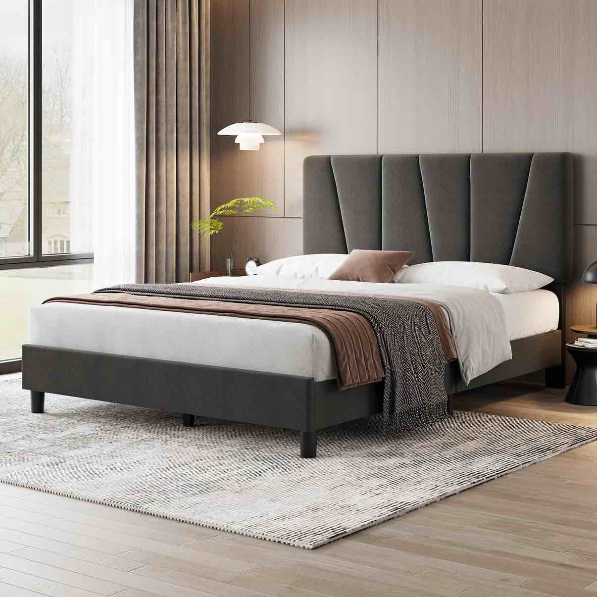 Condition photo showing New/Like New for garvee full size bed frame with adjustable headboard, linen upholstered, strong wooden slats, no box spring needed, easy assembly, gray