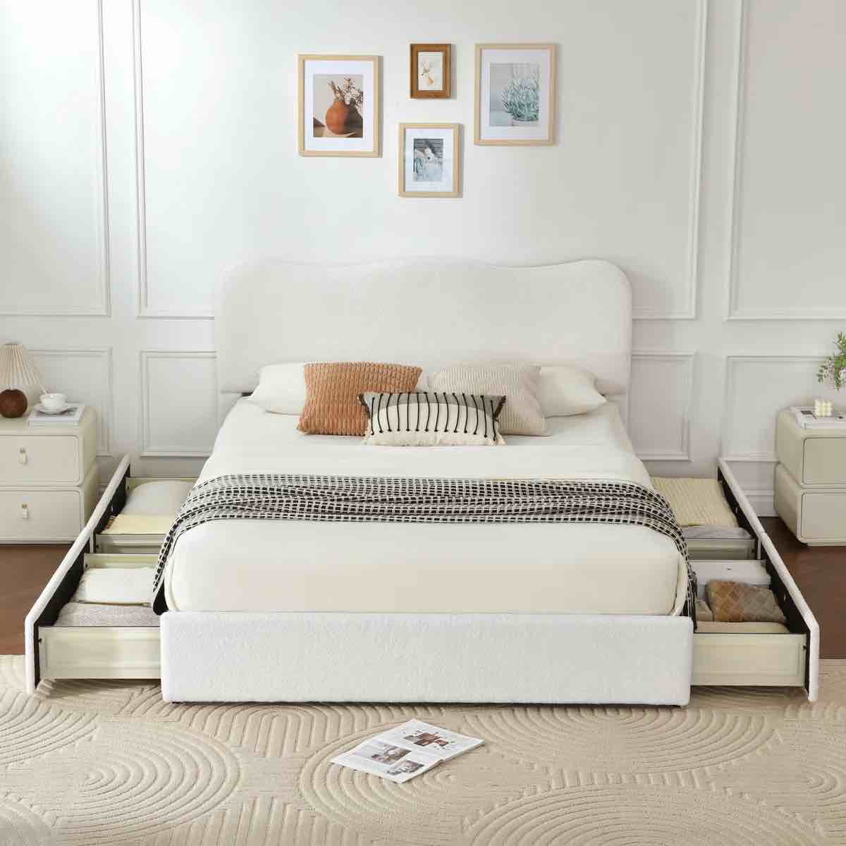 Condition photo showing New/Like New for arusha boucle upholstered platform storage bed with 4 drawers