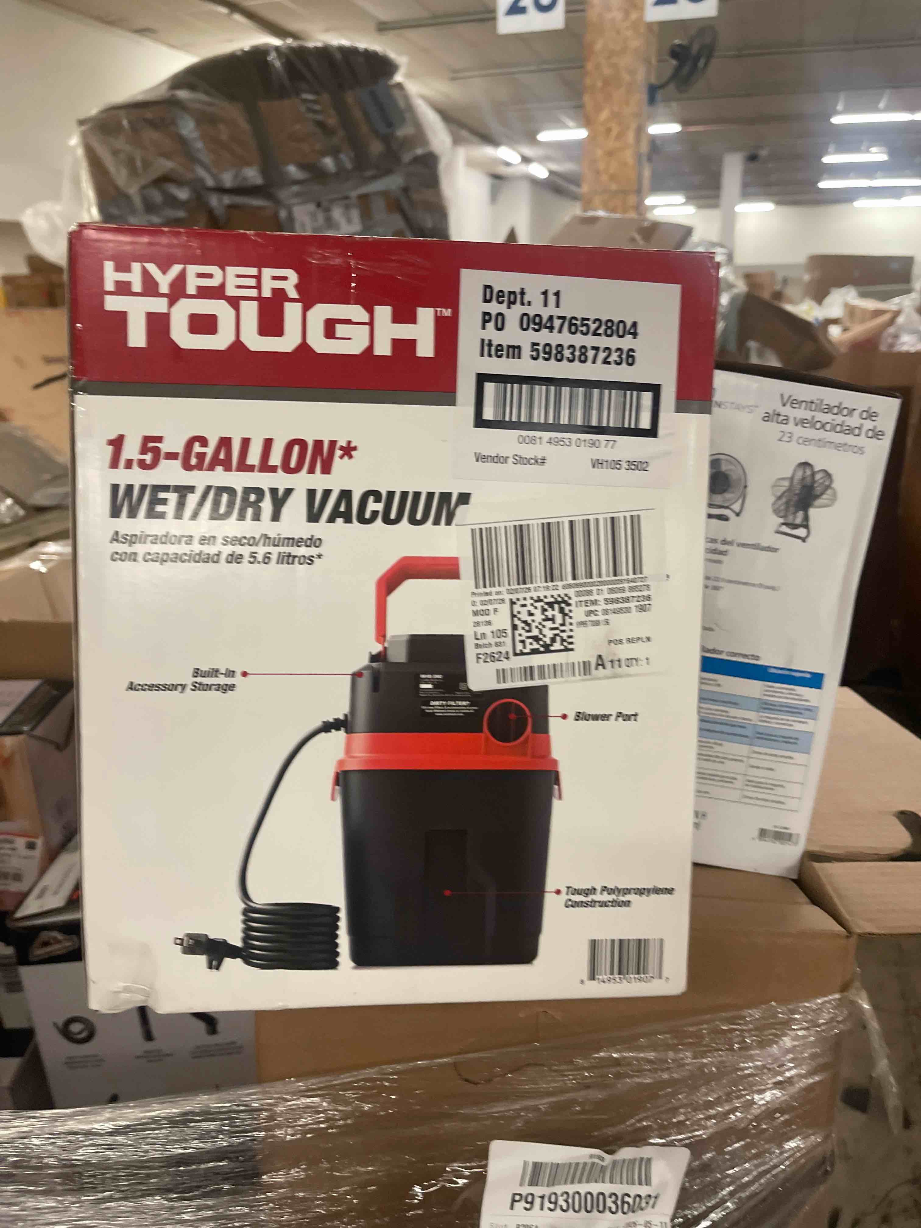 Condition photo showing New/Like New for hyper tough 1.5 gallon 2 peak hp poly wet/dry vacuum vh105 3502 new