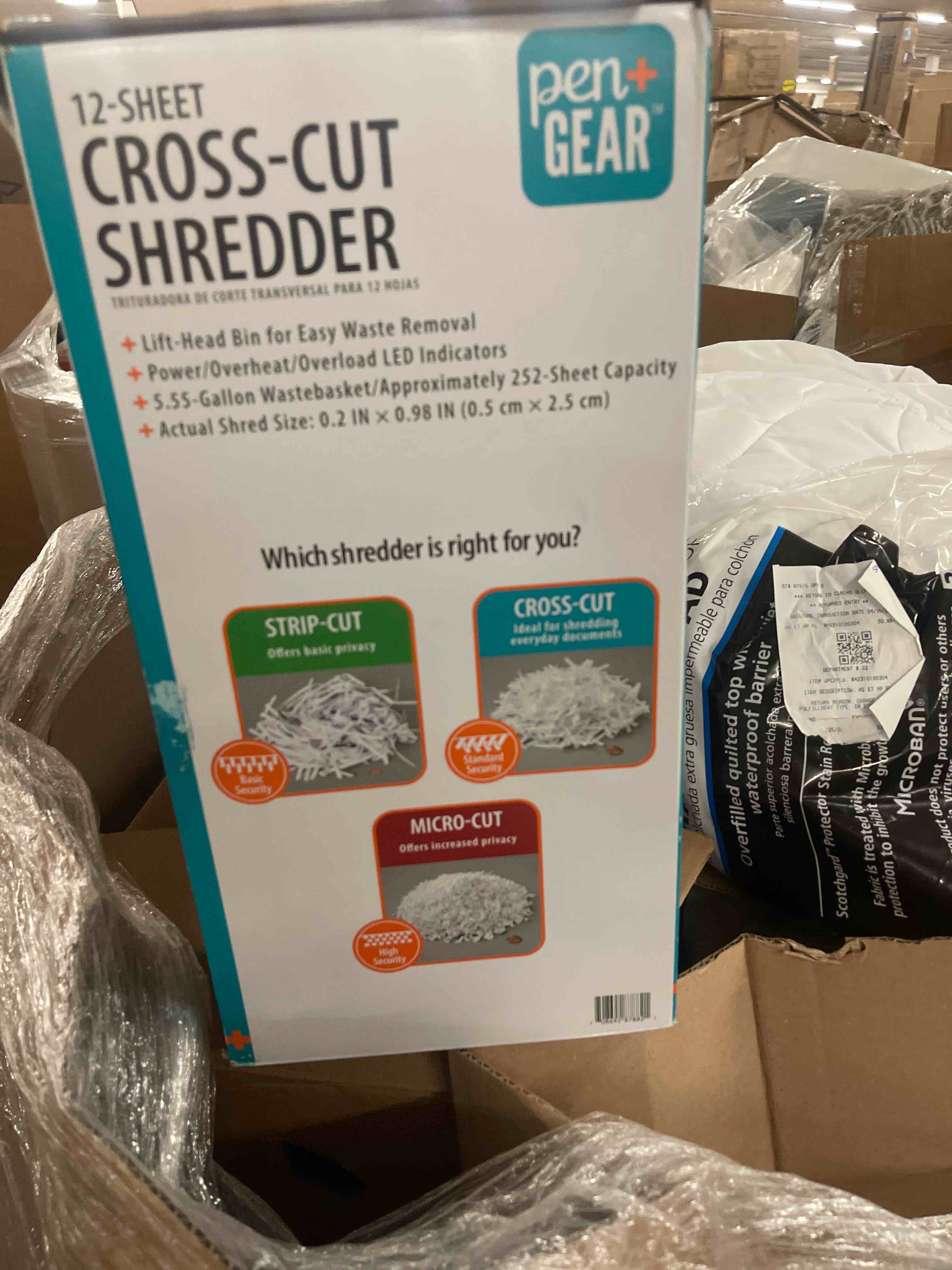 Condition photo showing New/Like New for pen+gear 12-sheet cross-cut paper/credit card shredder with 5.5 gallon bin  black  home & office use