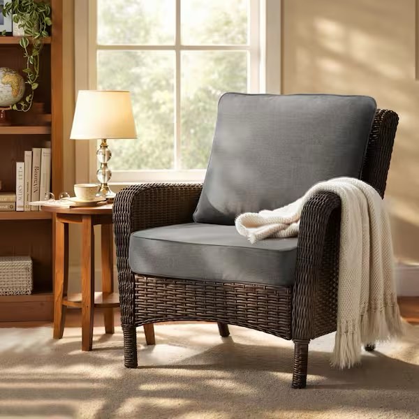 Condition photo showing New/Like New for 24 in. x 24 in. patio outdoor lounge chair cushion in light gray with straps and zipper