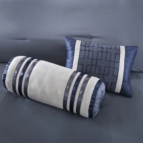 Condition photo showing New/Like New for madison park abigail navy solid pieced 7 piece queen size comforter set (as is item)