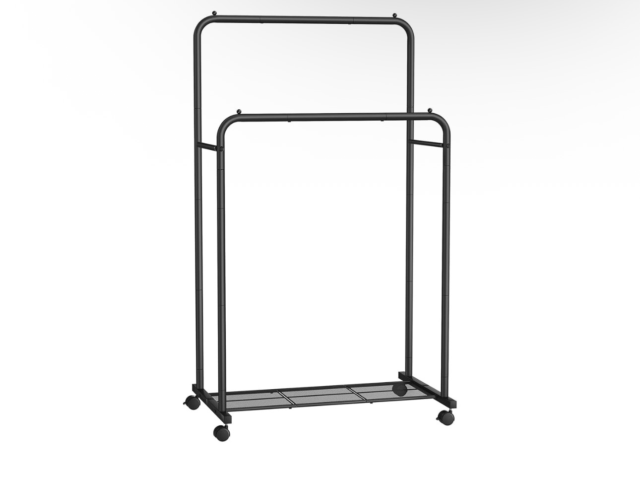 Condition photo showing New/Like New for black double-bar rolling clothes organizer, portable design for bedroom living room or clothing store