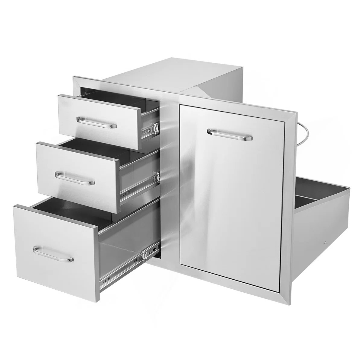 Condition photo showing New/Like New for outdoor kitchen door drawer combo 29.5" w x 22.6" h x 21.7''d, access door/triple drawers with propane drawer and adjustable garbage ring, perfect for bbq island patio grill station
