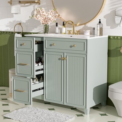 lovmor 36inch bathroom vanity with ceramic sink standard and double layer drawers soft close doors