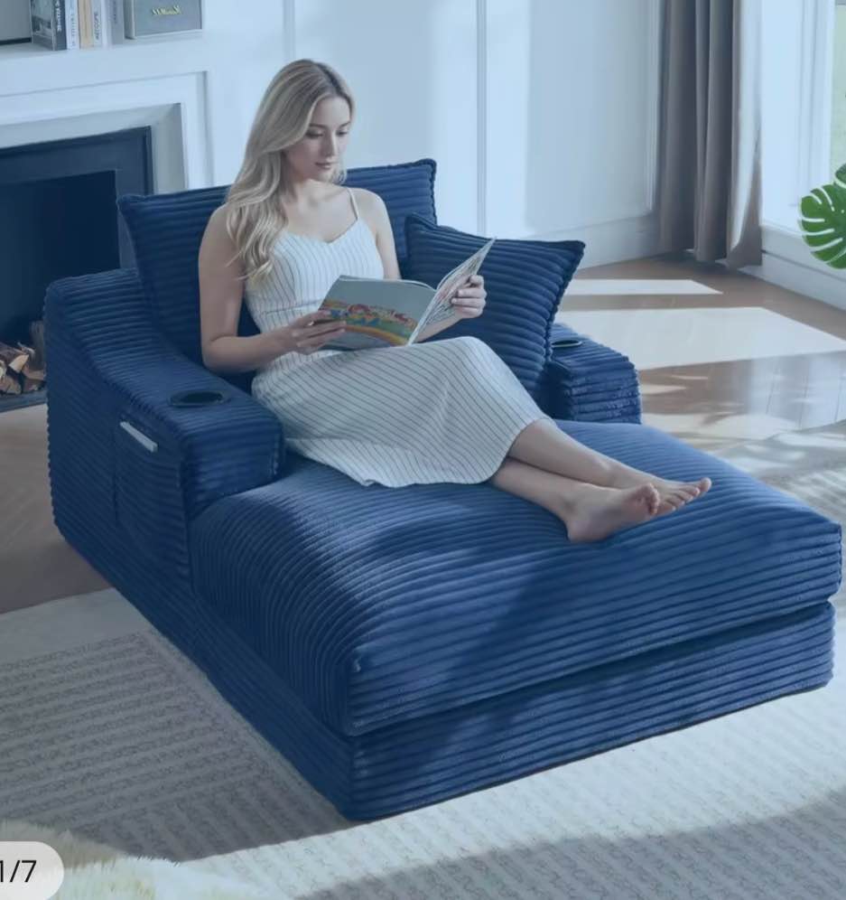 Condition photo showing New/Like New for 67" oversized compression chaise lounge chair indoor, boneless sleeper sofa bed with 3 pillows, 2 cup holders & storage pocket,corduroy deep seat lounge chair for living room, bedroom, office