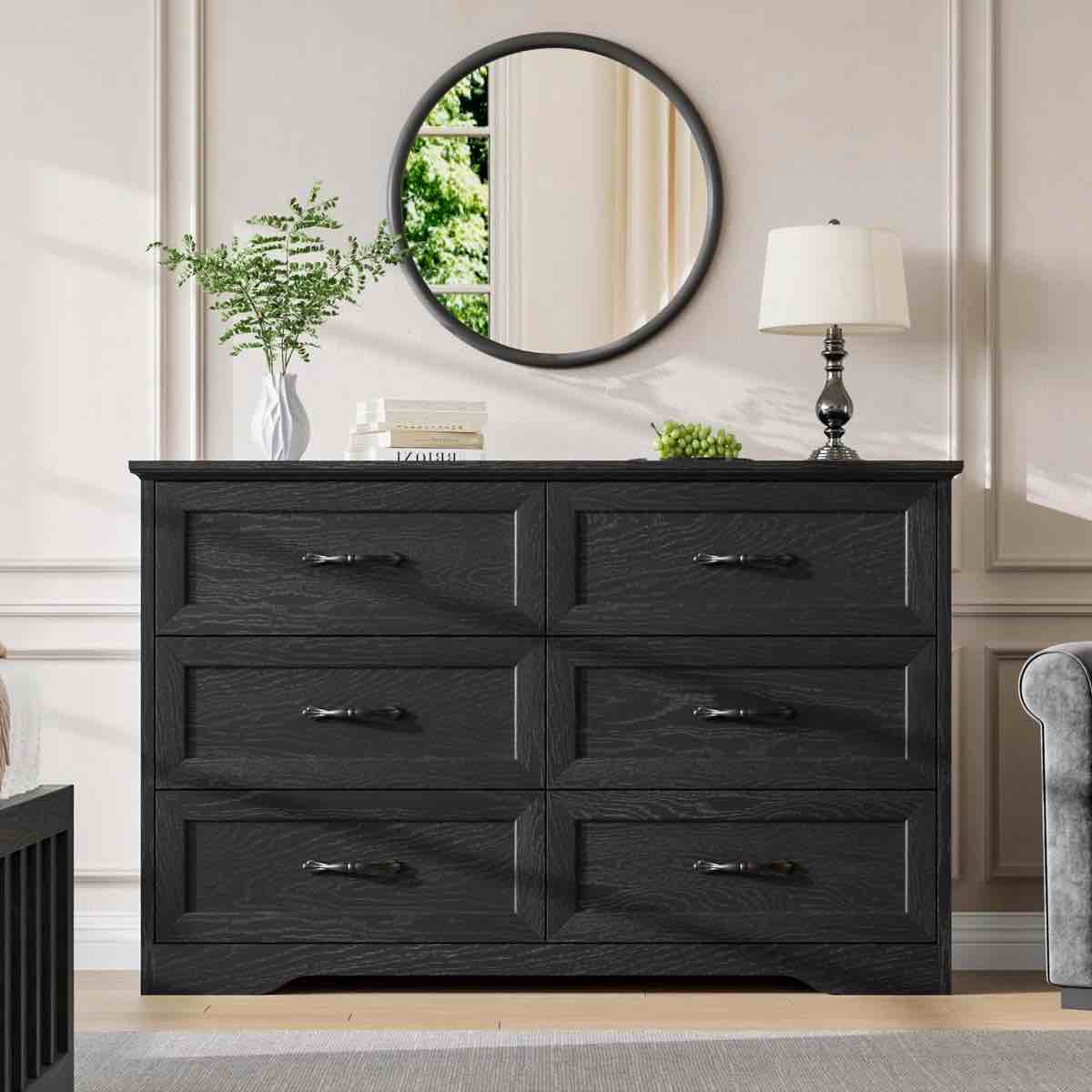 Condition photo showing New/Like New for black  dresser, 6 drawer dressers for bedroom, wide chest of drawers with deep drawers, closet dressers with metal handle, wood dresser for living room, hallway, closet