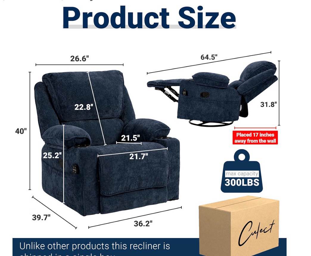 Condition photo showing New/Like New for 360° swivel rocker nursing recliner chair with heating massage, manual recliner chair with cup holders for living room, bedroom, navy blue