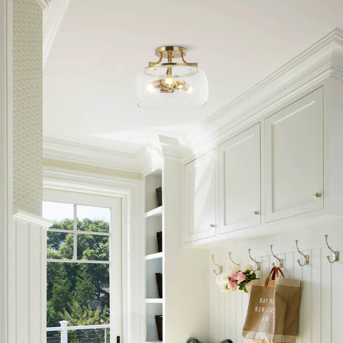 Condition photo showing New/Like New for simi 13 in. 2-light brushed gold semi-flush mount ceiling light with clear seeded glass shade questions