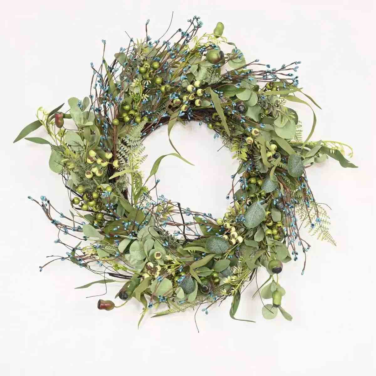 Condition photo showing New/Like New for 24" artificial farmhouse spring summer natural dried greenery eucalyptus foliage blossom cluster wildflower berry front door wreath