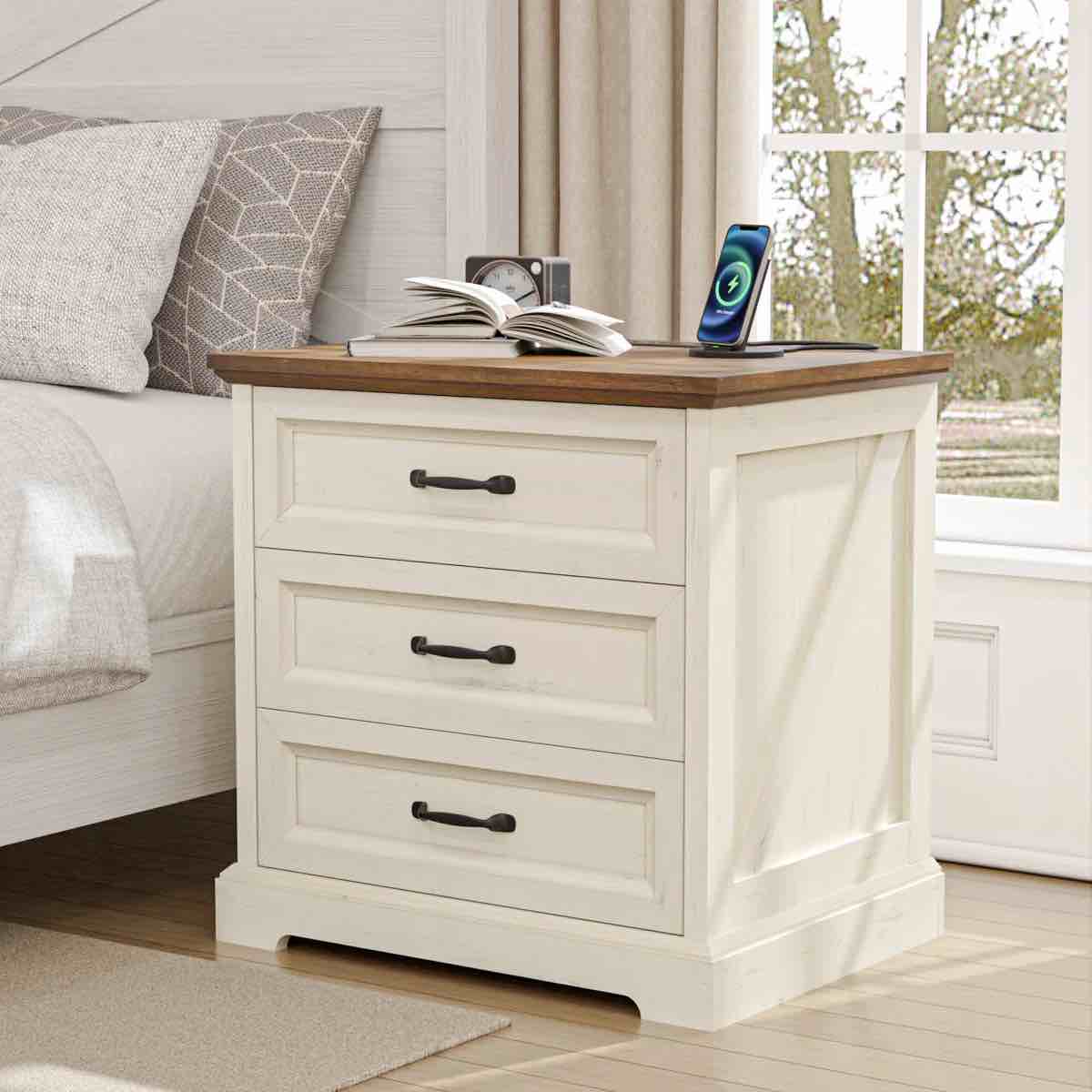 kadric 23.6'' w 3-drawer farmhouse nightstand with charging station