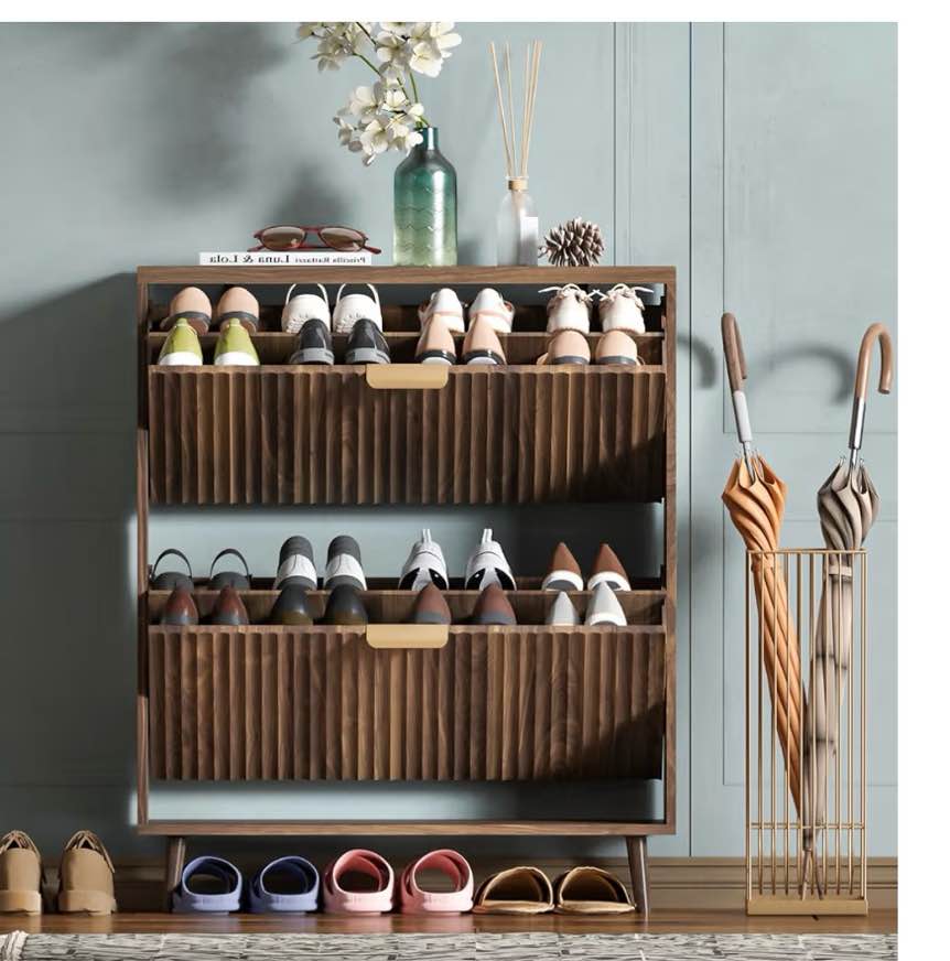 shoe cabinet storage, modern freestanding organizer with 2 flip drawers, narrow shoe rack for entryway, walnut