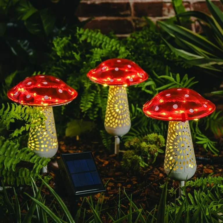 mainstays led solar mushroom garden stakes 3-pack - whimsical cottagecore fairy garden outdoor decor