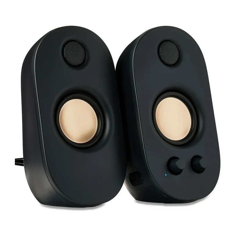 onn ac powered computer speakers with volume and bass controls, 7.32" height