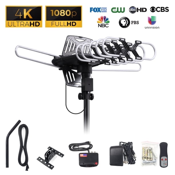 onn outdoor tv antenna with mounting pole, 85-mile range (reception varies by location), supports hdtv & 4k uhd