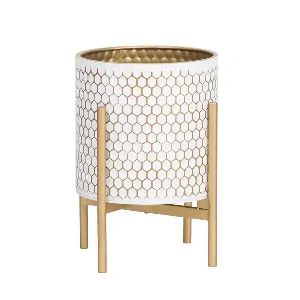honeycomb mid-century modern indoor metal pot planter with 4-leg metal base - 12" h x 9.5" w - multi