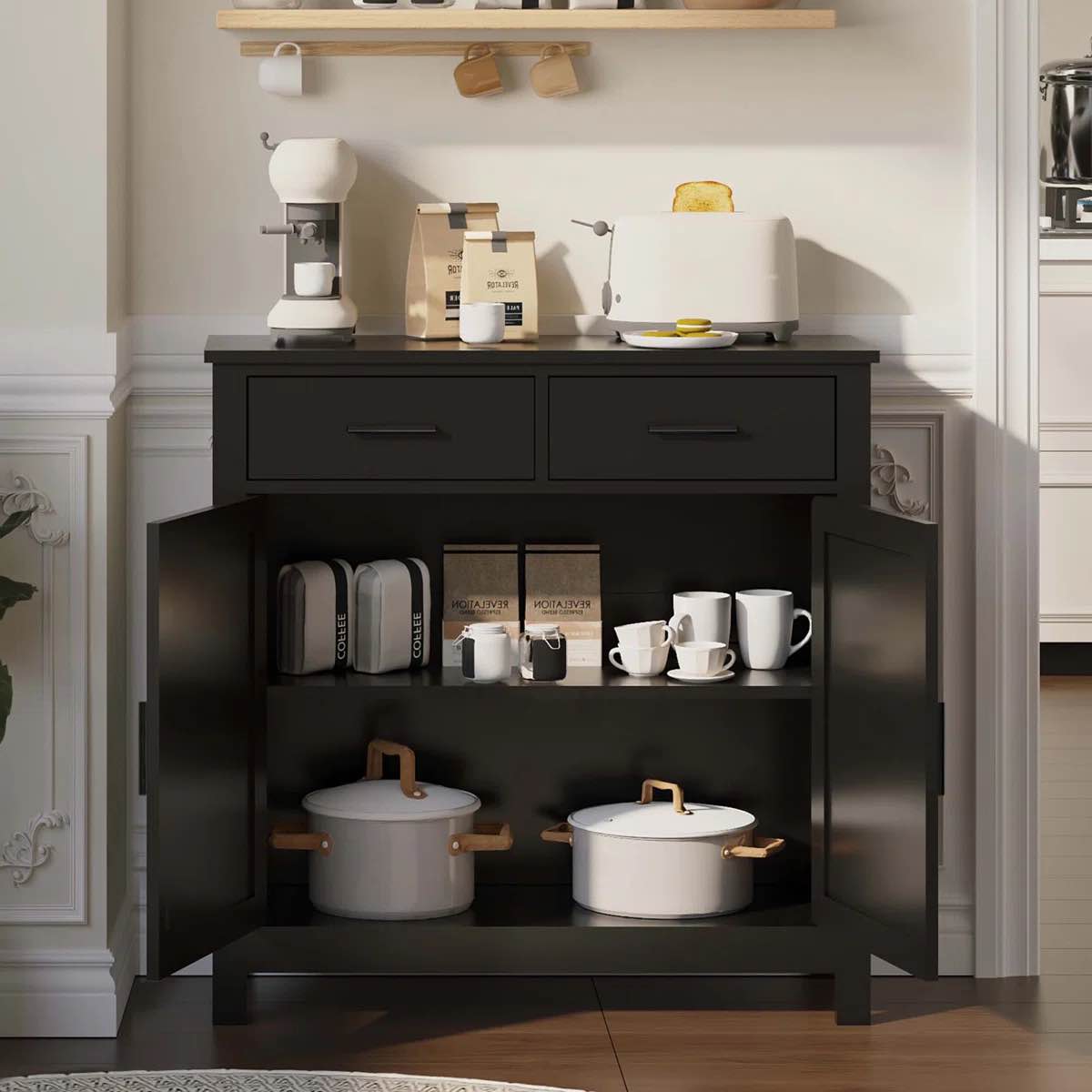 Condition photo showing New/Like New for modern farmhouse storage buffet cabinet with 2 drawers & 2 doors